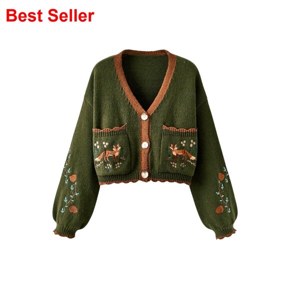 Sweaters - Floral Embroidered Cropped Cardigan Open Front Western Sweater Boho Cottagecore